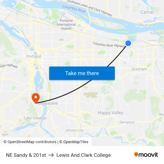 NE Sandy & 201st to Lewis And Clark College map