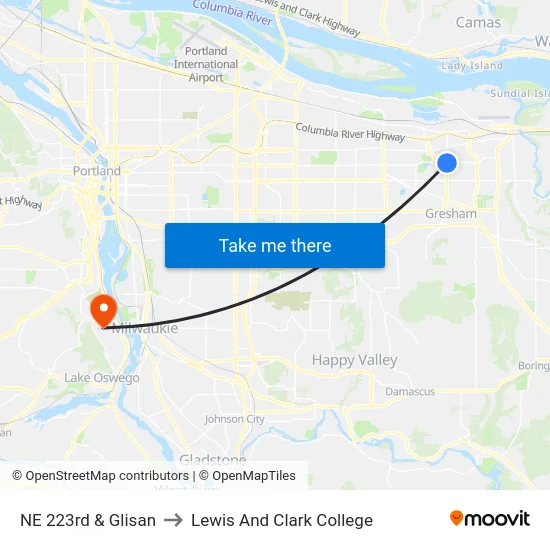 NE 223rd & Glisan to Lewis And Clark College map