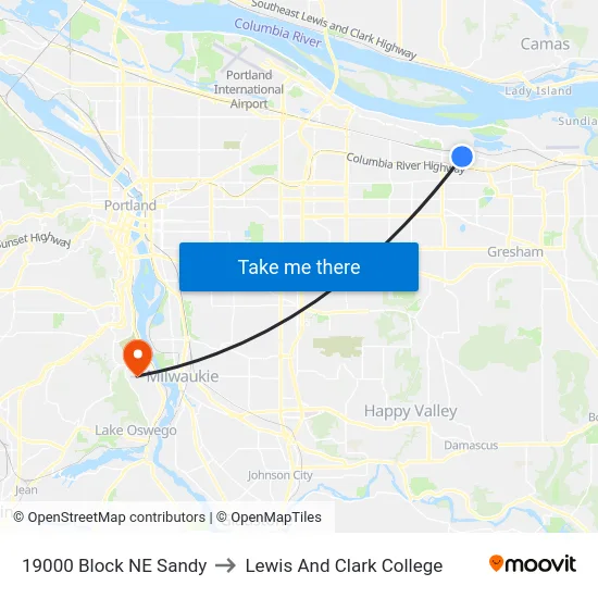 19000 Block NE Sandy to Lewis And Clark College map