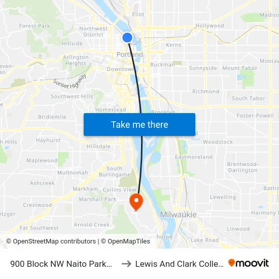 900 Block NW Naito Parkway to Lewis And Clark College map
