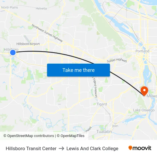 Hillsboro Transit Center to Lewis And Clark College map
