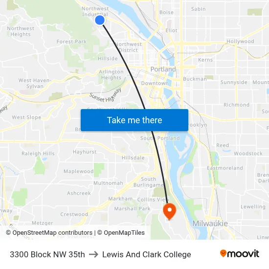 3300 Block NW 35th to Lewis And Clark College map