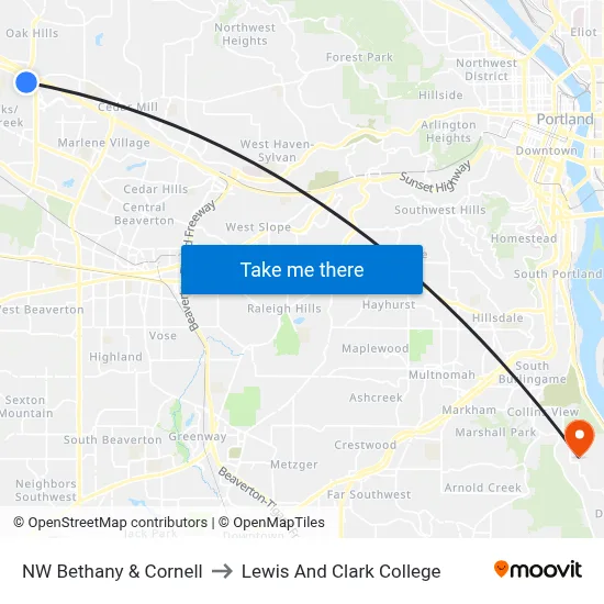NW Bethany & Cornell to Lewis And Clark College map