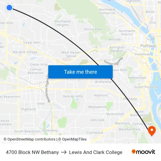 4700 Block NW Bethany to Lewis And Clark College map