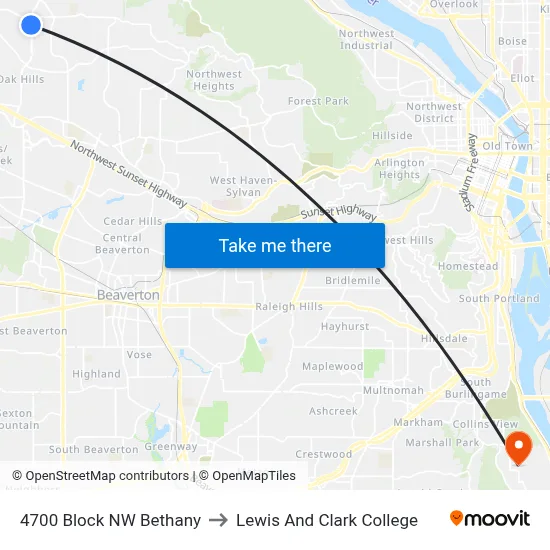 4700 Block NW Bethany to Lewis And Clark College map