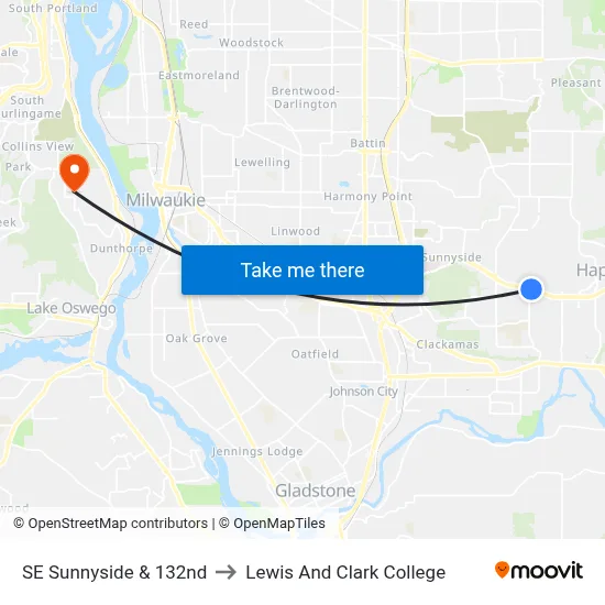 SE Sunnyside & 132nd to Lewis And Clark College map