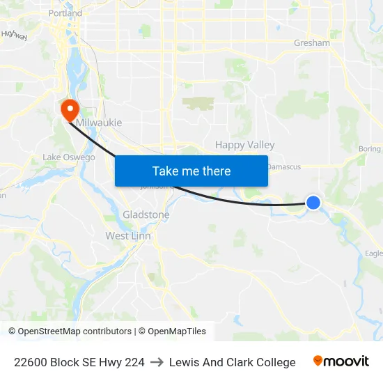 22600 Block SE Hwy 224 to Lewis And Clark College map