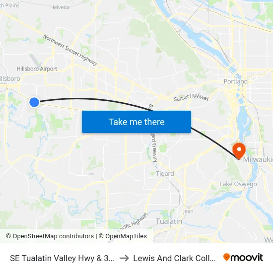 SE Tualatin Valley Hwy & 30th to Lewis And Clark College map