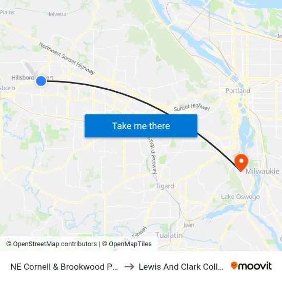 NE Cornell & Brookwood Pkwy to Lewis And Clark College map