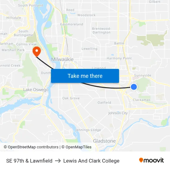 SE 97th & Lawnfield to Lewis And Clark College map
