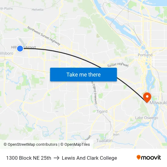 1300 Block NE 25th to Lewis And Clark College map
