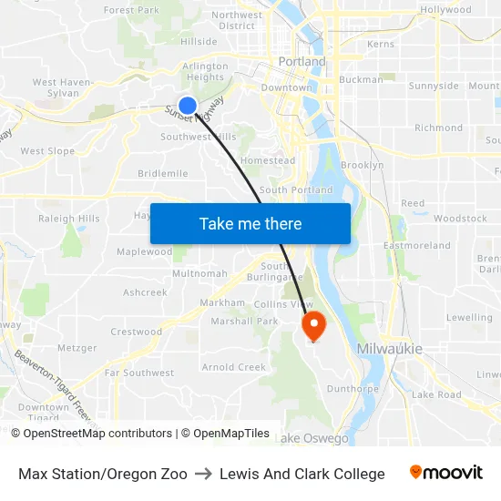 Max Station/Oregon Zoo to Lewis And Clark College map