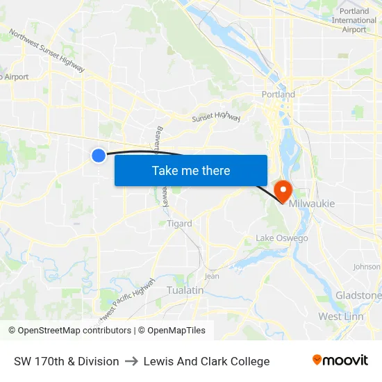 SW 170th & Division to Lewis And Clark College map