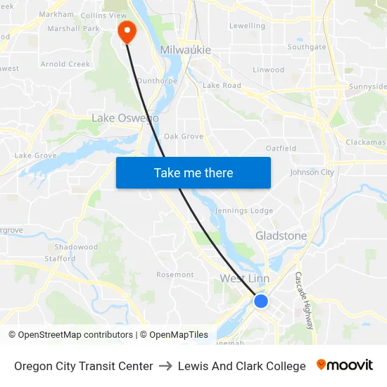 Oregon City Transit Center to Lewis And Clark College map