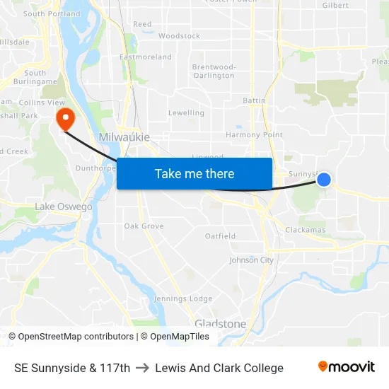 SE Sunnyside & 117th to Lewis And Clark College map