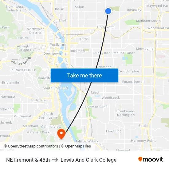 NE Fremont & 45th to Lewis And Clark College map