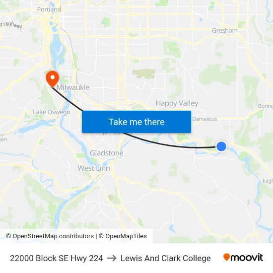 22000 Block SE Hwy 224 to Lewis And Clark College map