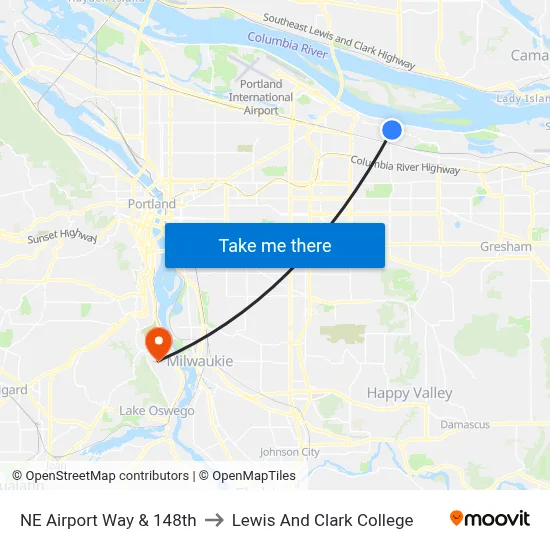 NE Airport Way & 148th to Lewis And Clark College map