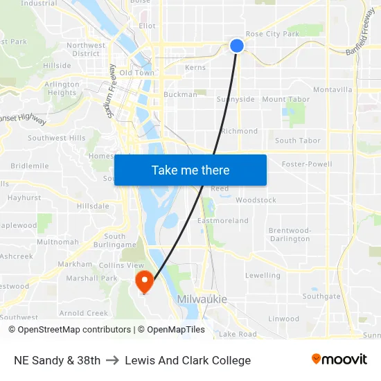NE Sandy & 38th to Lewis And Clark College map