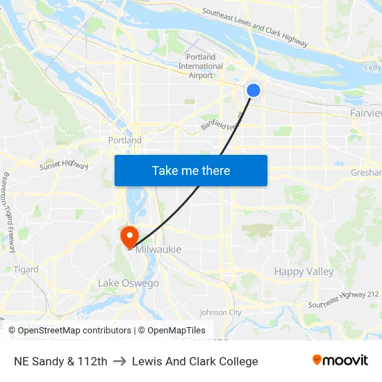 NE Sandy & 112th to Lewis And Clark College map