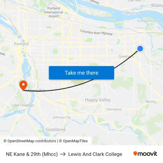 NE Kane & 29th (Mhcc) to Lewis And Clark College map