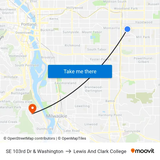 SE 103rd Dr & Washington to Lewis And Clark College map