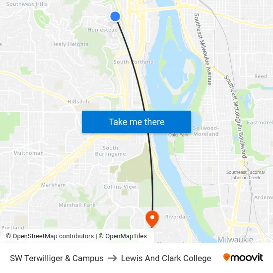 SW Terwilliger & Campus to Lewis And Clark College map