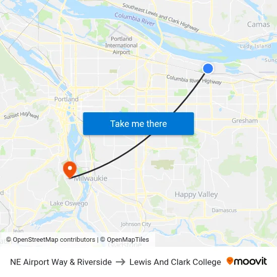 NE Airport Way & Riverside to Lewis And Clark College map