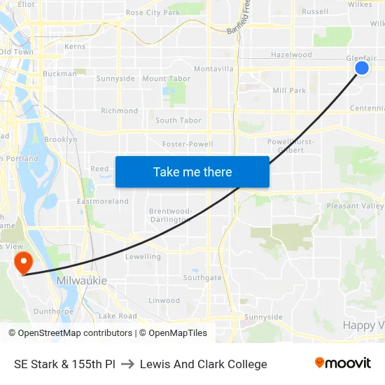 SE Stark & 155th Pl to Lewis And Clark College map