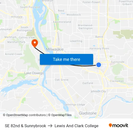 SE 82nd & Sunnybrook to Lewis And Clark College map