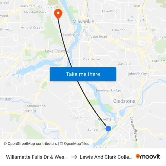 Willamette Falls Dr & West A to Lewis And Clark College map
