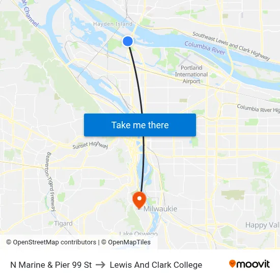 N Marine & Pier 99 St to Lewis And Clark College map