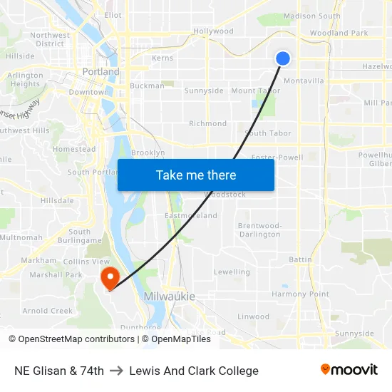 NE Glisan & 74th to Lewis And Clark College map