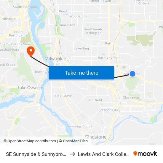 SE Sunnyside & Sunnybrook to Lewis And Clark College map