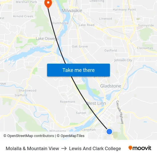 Molalla & Mountain View to Lewis And Clark College map