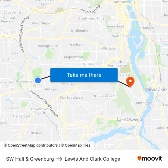 SW Hall & Greenburg to Lewis And Clark College map
