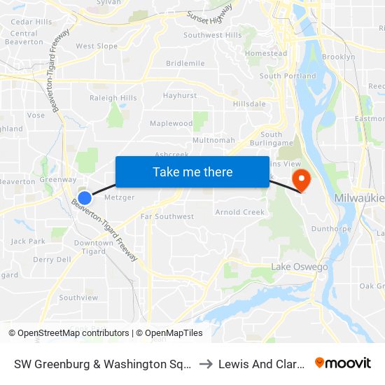 SW Greenburg & Washington Square Rd (North) to Lewis And Clark College map