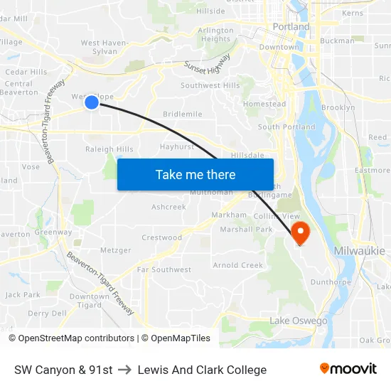 SW Canyon & 91st to Lewis And Clark College map