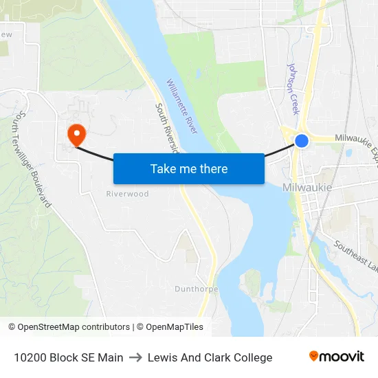 10200 Block SE Main to Lewis And Clark College map