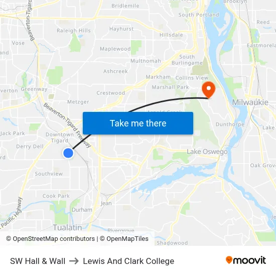 SW Hall & Wall to Lewis And Clark College map