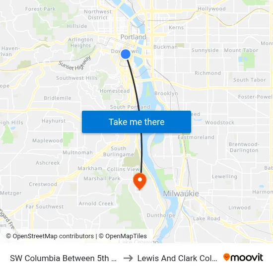 SW Columbia Between 5th & 4th to Lewis And Clark College map
