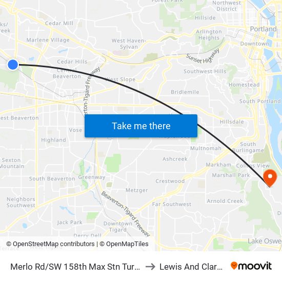 Merlo Rd/SW 158th Max Stn Turnaround (East) to Lewis And Clark College map