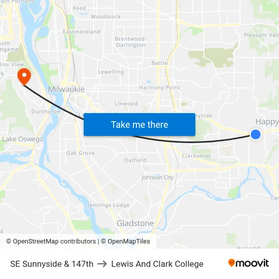 SE Sunnyside & 147th to Lewis And Clark College map