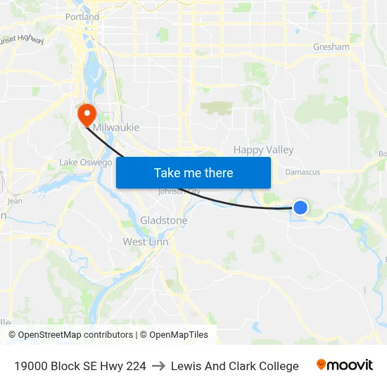 19000 Block SE Hwy 224 to Lewis And Clark College map