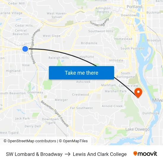 SW Lombard & Broadway to Lewis And Clark College map