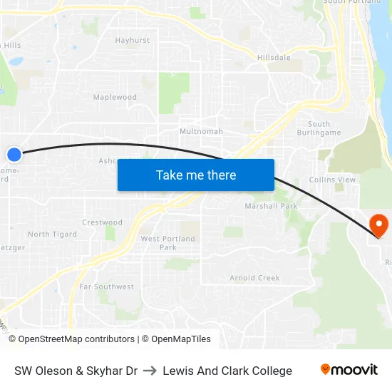 SW Oleson & Skyhar Dr to Lewis And Clark College map