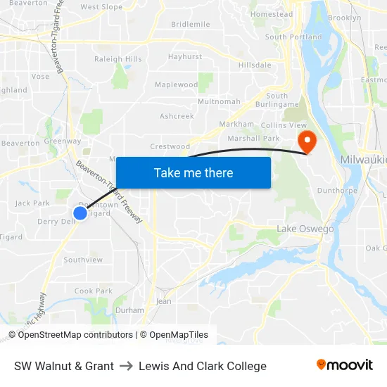 SW Walnut & Grant to Lewis And Clark College map