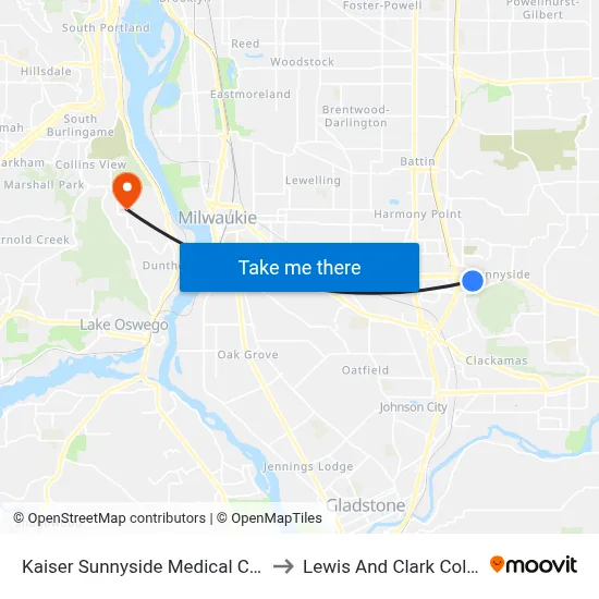 Kaiser Sunnyside Medical Center to Lewis And Clark College map