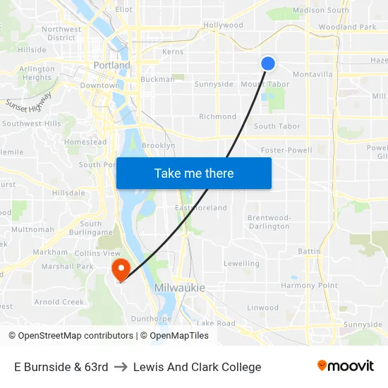 E Burnside & 63rd to Lewis And Clark College map