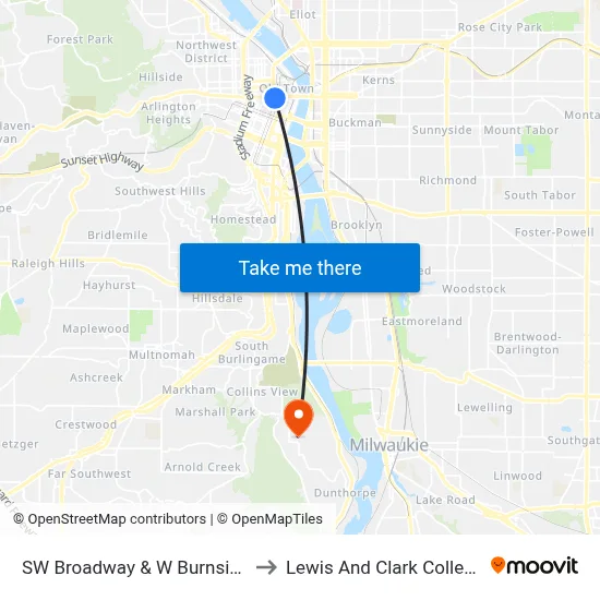 SW Broadway & W Burnside to Lewis And Clark College map